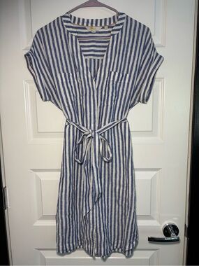 Boden Blue and White Striped Linen Tie-Waist Dress